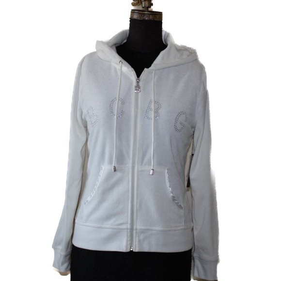 NWT BCBG MAXAZRIA Branded Logo Hoodie White Top L - Picture 4 of 8